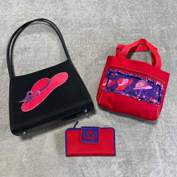 Lot of 3 Red Hat Society Purse Wallet Bag  in Red & Purple W/Red Hat Emblem - Picture 1 of 12